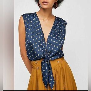 Free People Women’s Mornings In Marrakesh Tie Front Navy Silky Tank Top Size S‎